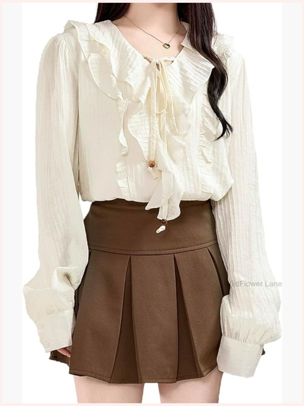 Ruffle Trim Pleated Blouse Long Sleeve Vintage Top